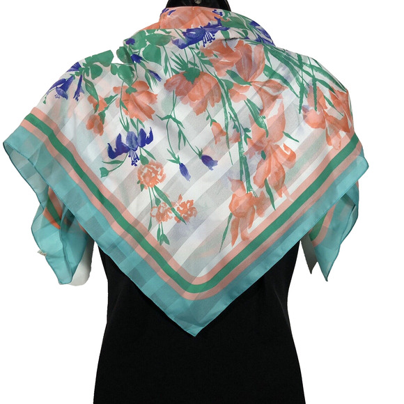 Floral Coquette Scarf Blue Peach 30" Square Striped Bow Retro Italy Vintage - Picture 1 of 10